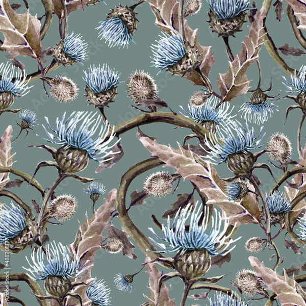 Obraz watercolor illustration seamless pattern,bursting flowers of burdock,thorn,leaf and twisted stem,for wallpaper or fabric