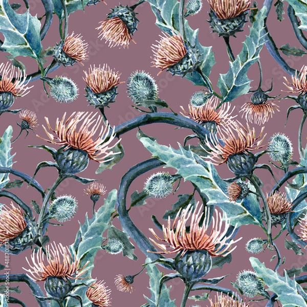 Fototapeta watercolor illustration seamless pattern,bursting flowers of burdock,thorn,leaf and twisted stem,for wallpaper or fabric