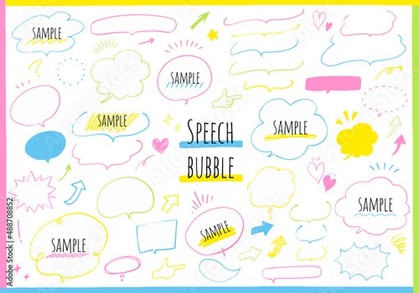 Fototapeta 手書きの線画のカラフルな吹き出しのベクターイラストセット(矢印,太陽,チェック,decoration)