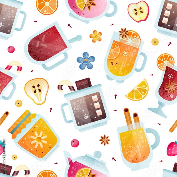 Fototapeta Hot Fruit Drinks in Glass with Mulled Wine and Honey Jar Vector Seamless Pattern Template