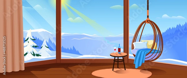 Fototapeta Vector night panorama of villa interior, with a window locking to  the mountains. Empty living room,   hotel bedroom, resort, travel tourism concept. Luxury house with cozy chair.