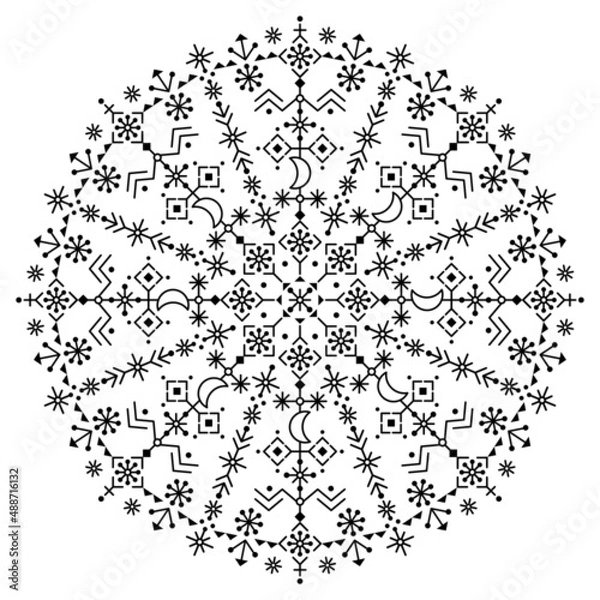 Fototapeta Nordic Icelandic rune style geometric vector mandala design- tribal line art decoration with moons, flowers
