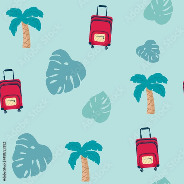 Fototapeta seamless pattern with palm trees , with suitcase on blue . Concept trip on summer vacation. travel,