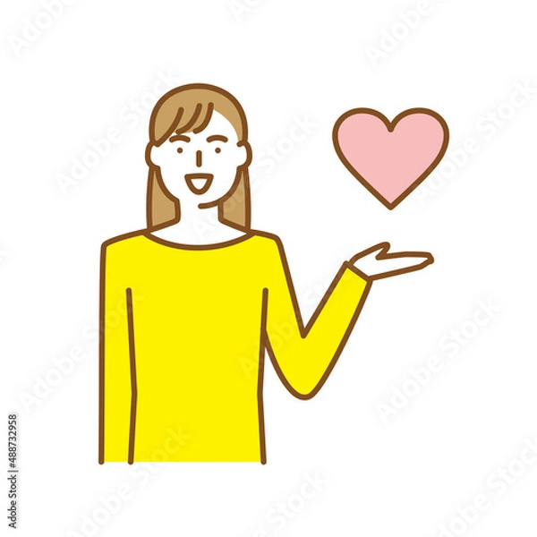 Obraz 片手を挙げハートマークを掲げる若い女性