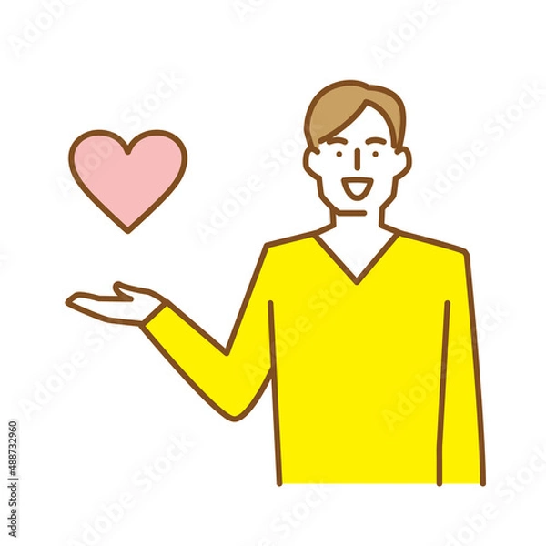 Obraz 片手を挙げハートマークを掲げる若い男性