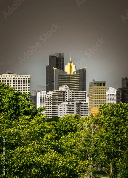 Fototapeta The growth of the city among trees space in nature against with dark background. City growth concept, Selective focus.