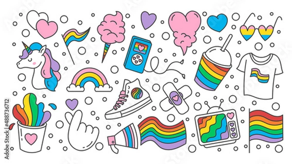 Fototapeta A set of LGBTQ+ community elements.Rainbow, abstraction,hand, sweets, hearts.Isolated on a white background.