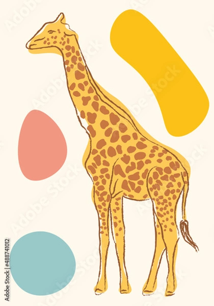 Fototapeta Giraffe cartoon vector illustration. Poster design with african giraffe in retro color palette. Abstract shapes vinage poster template.