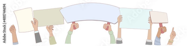 Fototapeta Protesters banners. Concept of hands hold different banners. peace protest poster and blank vote placards. Manifestation protest, holding demonstration placard