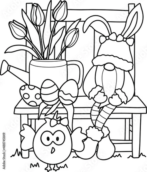 Obraz Gnome with bunny ears sitting next to a watering can, easter eggs, little chicken, tulip flower,  cute illustration for kids coloring book