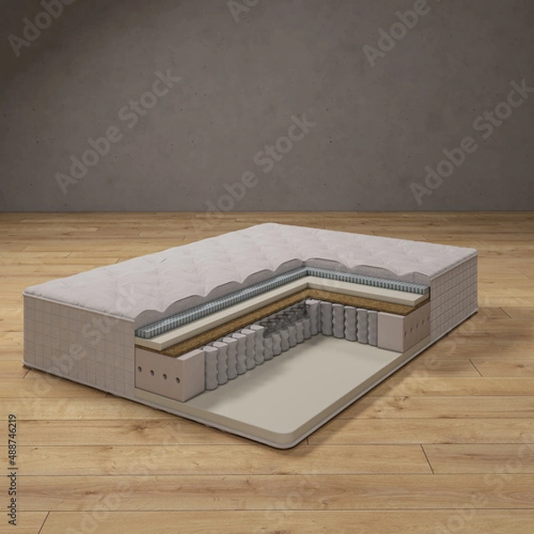 Obraz Mattress structure. constructive 3d rendering. 3d picture. In the interior on a wooden floor.