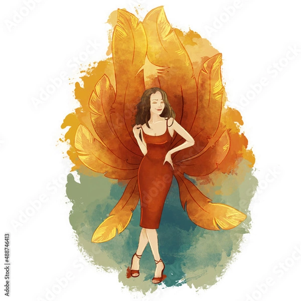 Obraz Luxury woman. Lady in a red dress with bright feathers. Girl with wings isolated on white background