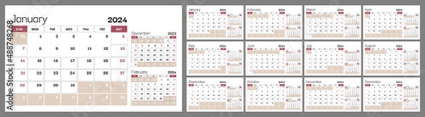 Fototapeta Set of 12 horizontal quarterly calendar pages for 2024 in beige and burgundy shades. Vector design template. Week starts on Sunday.
