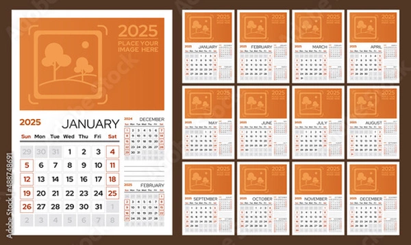 Obraz Set of 12 vertical calendar pages for 2025 with place for photo. Vector design template. Week starts on Sunday.