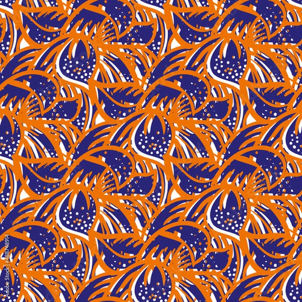 Fototapeta Mint leaves textural vector seamless pattern background. backdrop with lino or mono block print style tropical neon orange indigo peppermint herb foliage. Abstract botanical drawn texture repeat
