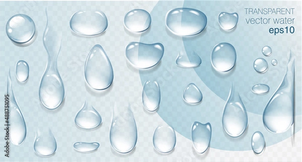 Fototapeta Realistic transparent water drops set. Rain drops on the glass. Isolated vector illustration