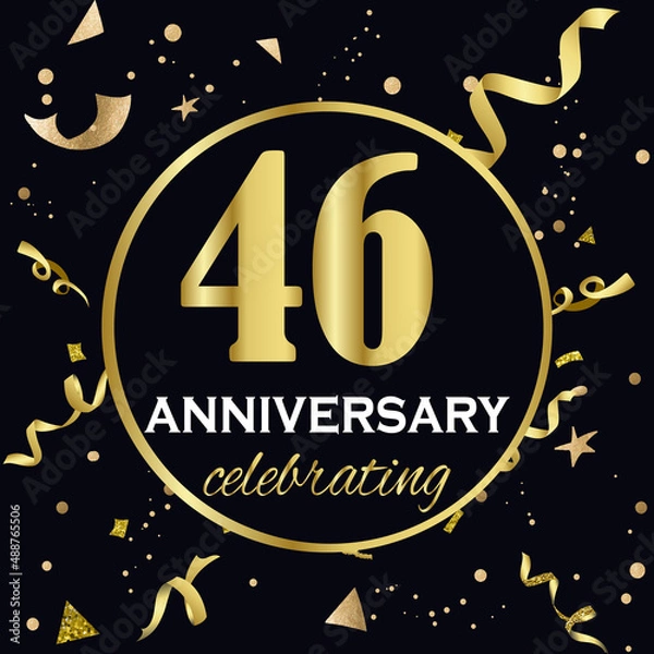 Obraz Anniversary celebration decoration. Golden number 46 with confetti, glitters and streamer ribbons on black background. 