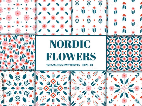 Fototapeta Big set of Scandinavian nordic floral seamless pattern with simple geometric flower elements pastel colors vector illustration