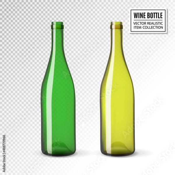 Fototapeta Vector blank and empty wine bottles of various green colors. Mockup. Realistic vector, 3d illustration