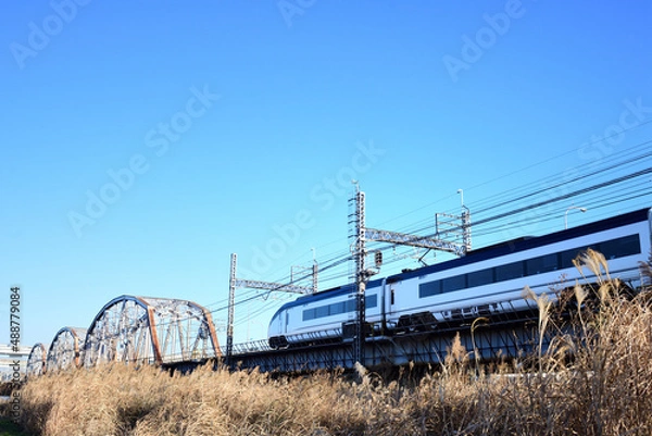 Obraz 冬枯れの荒川橋梁を渡る京成スカイライナー