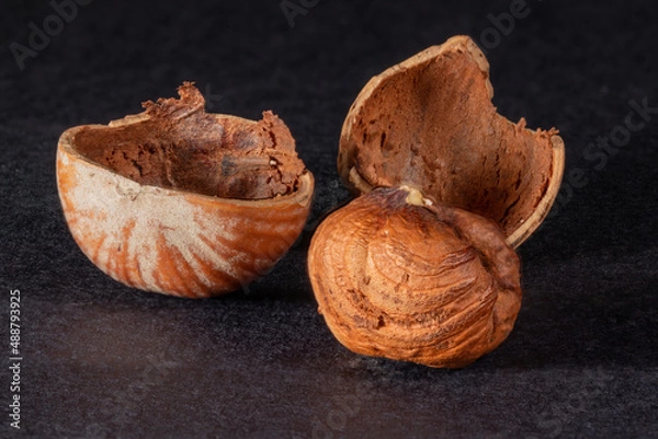Obraz shelled hazelnuts and cracked shells from hazelnuts on a black background