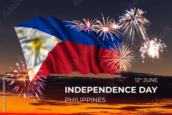 Fototapeta Sky with majestic fireworks and flag of Philippines