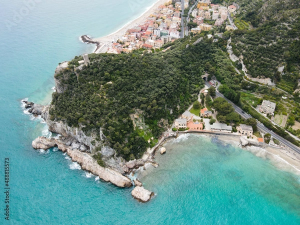 Obraz Aerial view of Varigotti in Liguria, Italy, small town on the ligurian coast. Drone photography of Varigotti, one of coolest ligurian village in north Italy, near Noli and Finale Ligure.