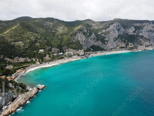 Obraz Aerial view of Aurelia street in Noli, Capo Noli and Varigotti, province of Savona. Drone photography from above of snake street snake in Liguria, north Italy, near Punta Crena and Spotorno.