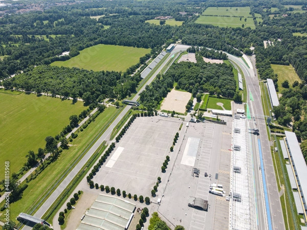 Obraz Aerial View of Autodromo Nazionale Monza, that is a race track near the city of Monza in Italy, north of Milan. Venue of the Formula 1 Grand Prix. Epic drone shot in autumn.