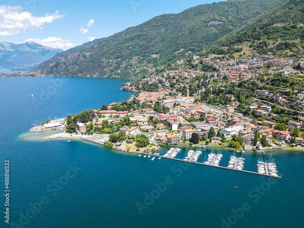 Obraz Aerial view of Bellano, panoramic view from the drone to the famous old Italy town of Como lake. Near Varenna and Lierna, Bellano is a small town in Como, near Lecco, in Lombardia.