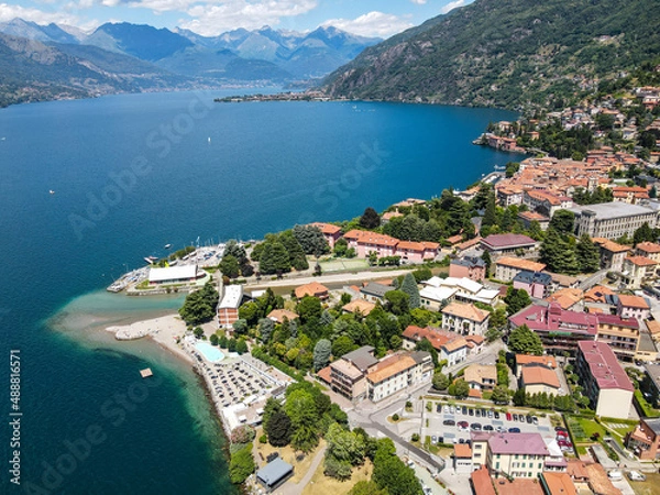 Obraz Aerial view of Bellano, panoramic view from the drone to the famous old Italy town of Como lake. Near Varenna and Lierna, Bellano is a small town in Como, near Lecco, in Lombardia.