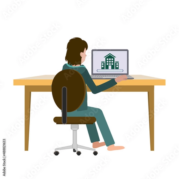 Obraz A man is sitting on an office chair at his laptop at home. User Rear view. Vector image of a man behind a desk with a laptop for animation. All details on separate layers