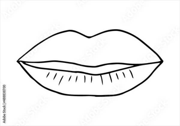 Obraz Sexy plump lips kiss isolated line art. Doodle beautiful woman lips. Beauty element in minimal line style. Vector illustration for card, poster, modern design. Feminism concept.