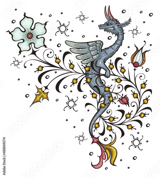 Obraz Dragon.Ancient book miniature.Medieval.