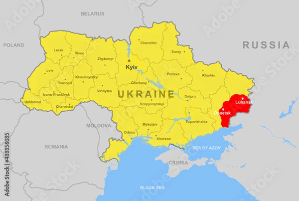 Obraz Ukraine on Europe map, Donetsk and Luhansk regions (Donbass). and Russia border