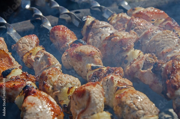 Obraz Meat and vegetables cooked on fire