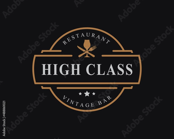 Fototapeta Vintage Retro Badge for Luxury Wine Glass with Spoon Fork Knife for Restaurant Bar Bistro Logo Design Template Element
