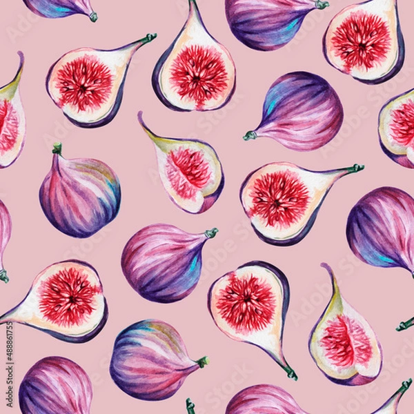 Obraz Watercolor seamless pattern. Fruit pattern. Figs seamless pattern. Watercolor pattern for textile. Figs watercolor seamless pattern