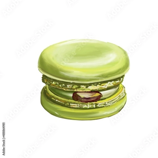 Fototapeta Macaroon cookie isolated on white . Food illustration good for confectionery menu, desserts icon. Pistachio taste lime color macaroon 