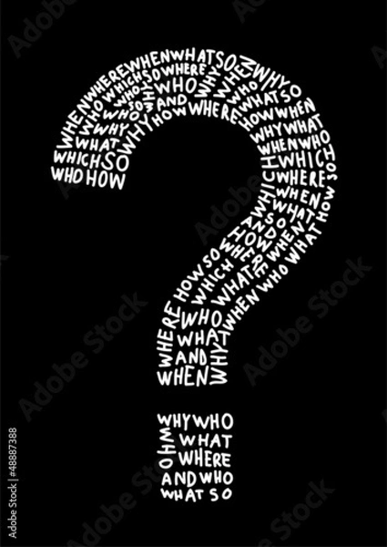Fototapeta Hand drawn question mark made of question words.