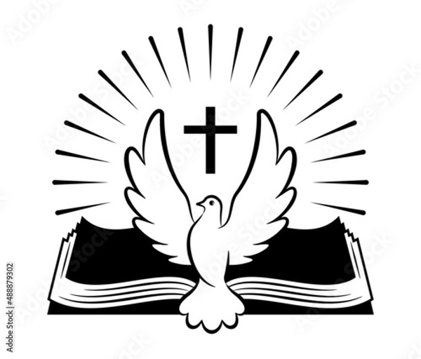 Fototapeta Church logo. Bible and dove symbol of the holy spirit. Flying dove on the background of an open book. Shining cross. The Word of God that came to us through the Holy Scripture. Isolated. Vector