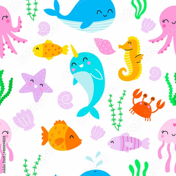 Fototapeta Seamless pattern with cute undersea inhabitants. Creative childish background. Vector illustration