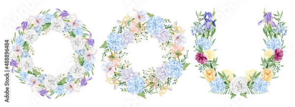 Fototapeta Watercolor floral round wreath with pink purple violet  flowers, wildflower, leaves, iris, rose, peony, aster for wedding card. Hand drawn botanical banner for greeting card, baby shower, party card