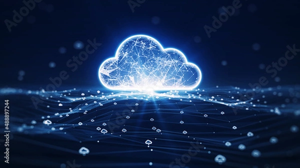 Fototapeta cloud computing technology concept transfer database to cloud. There is a prominent large cloud icon in the center and a small white icon on the connected polygons with a dark blue background.