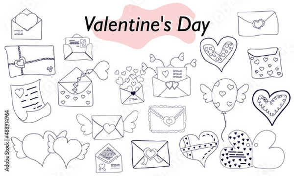 Obraz A set of items for Valentines Day. Envelopes, valentines, letters. In linear design. A symbol of love and a Valentines Day holiday. Vector illustration.