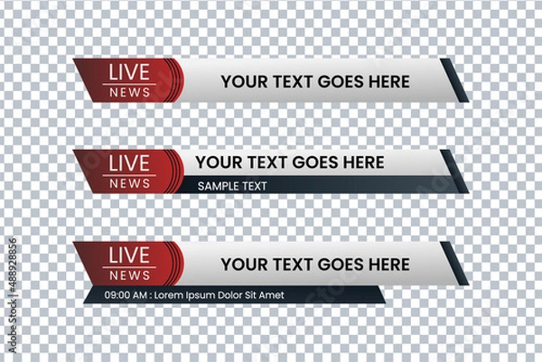 Fototapeta Set of bundle lower third vector design banner with red and black shape strip color. Modern broadcast news lower for TV Bars, Breaking, Sport, Video Channel, Interface Sign. Vector illustration.