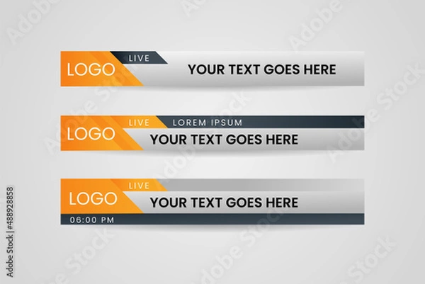Fototapeta Set of bundle lower third vector design banner with yellow and black shape strip color. Modern broadcast news lower for TV Bars, Breaking, Sport, Video Channel, Interface Sign. Vector illustration.