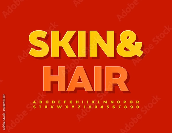 Fototapeta Vector bright sign Skin and Care. Yellow trendy Font. Stylish Alphabet Letters and Numbers set