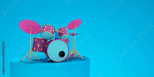Obraz Abstract colorful drum kit on blue background pastel color 3d render illustration
