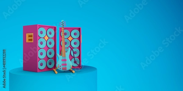 Fototapeta Abstract colorful retro guitar and acoustics on blue background pastel color 3d render illustration

